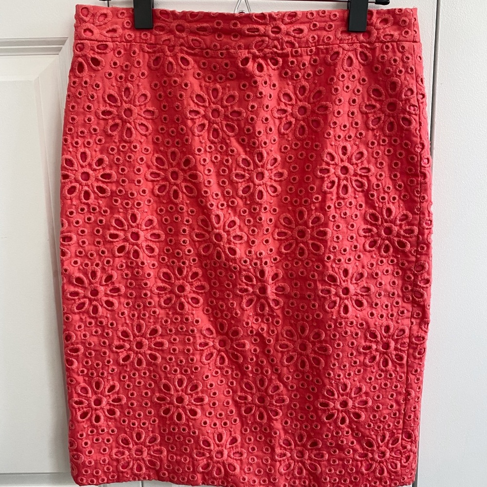 J.Crew No. 2 Pencil Skirt (Embroidered) in Coral